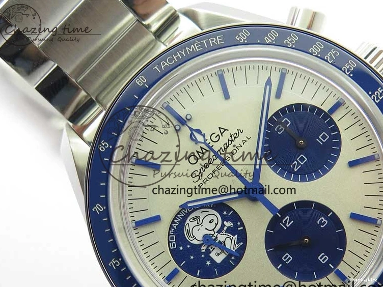 0111 Speedmaster SS Snoopy Apollo OMF Best Edition White Dial on SS Flat link Bracelet Venus Trendy 7882